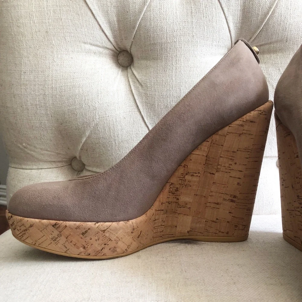 Stuart Weitzman Taupe Suede Cork Platform Wedges